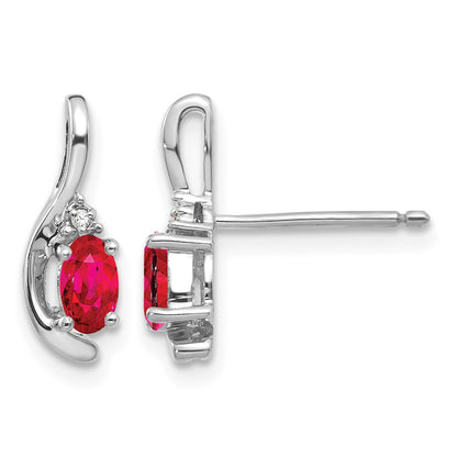 14k White Gold 5x3 Oval July/Ruby and Diamond Post Earrings