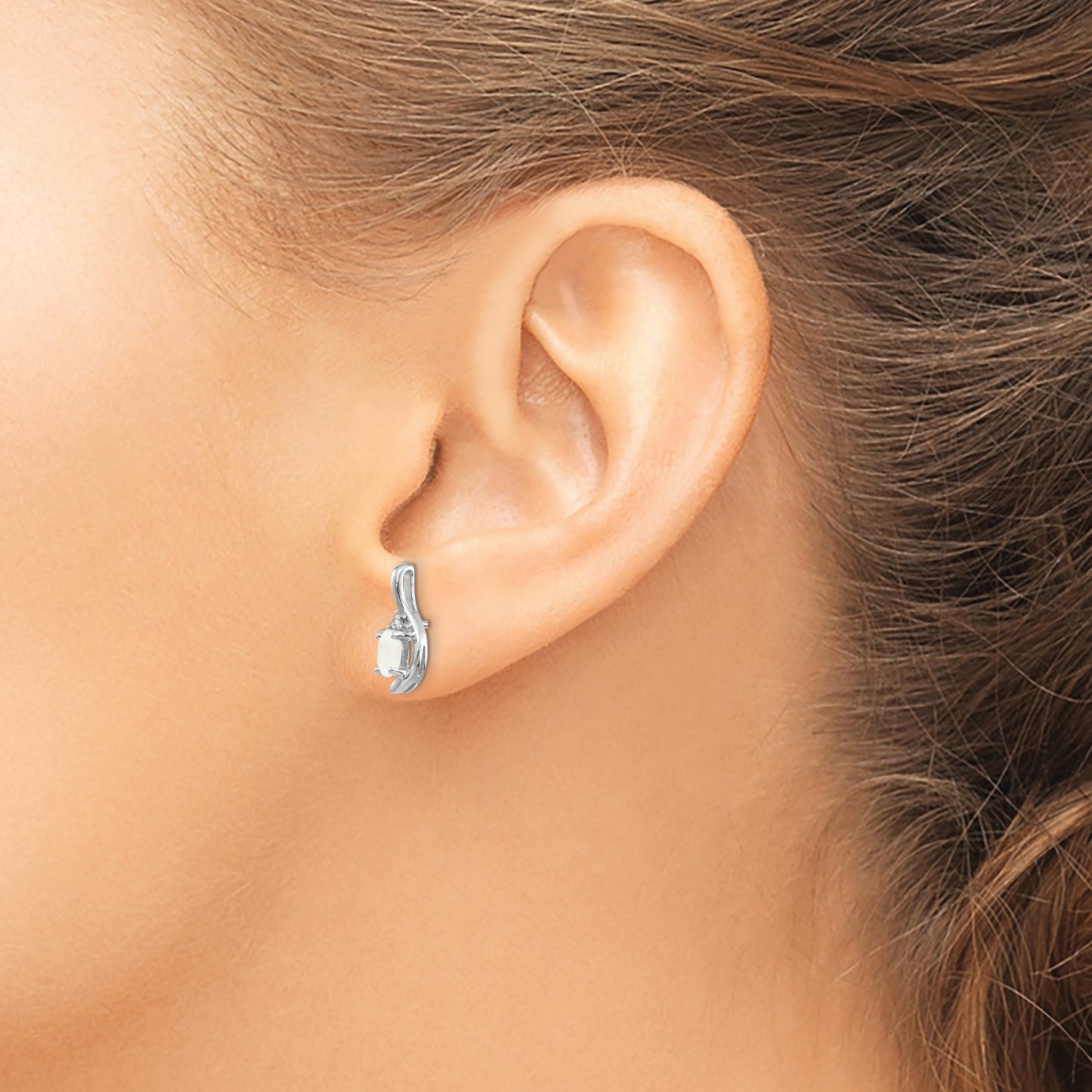 14k White Gold 5x3 Oval October/Opal and Diamond Post Earrings