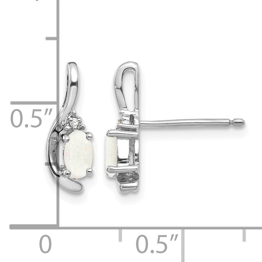 14k White Gold 5x3 Oval October/Opal and Diamond Post Earrings