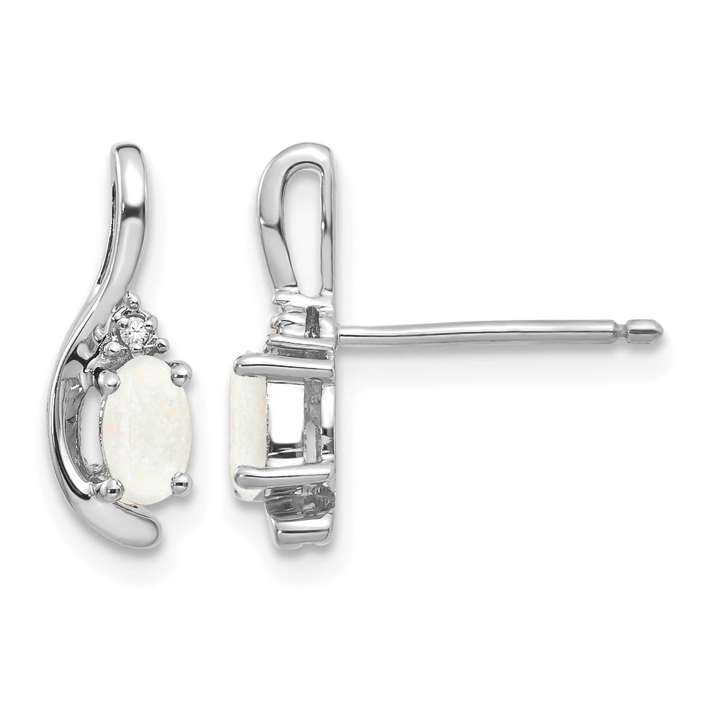 14k White Gold 5x3 Oval October/Opal and Diamond Post Earrings