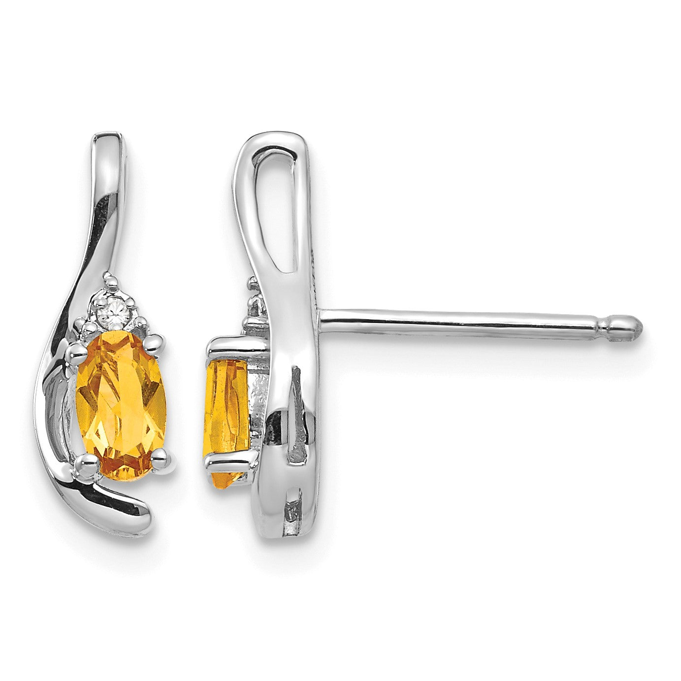 14k White Gold 5x3 Oval November/Citrine and Diamond Post Earrings