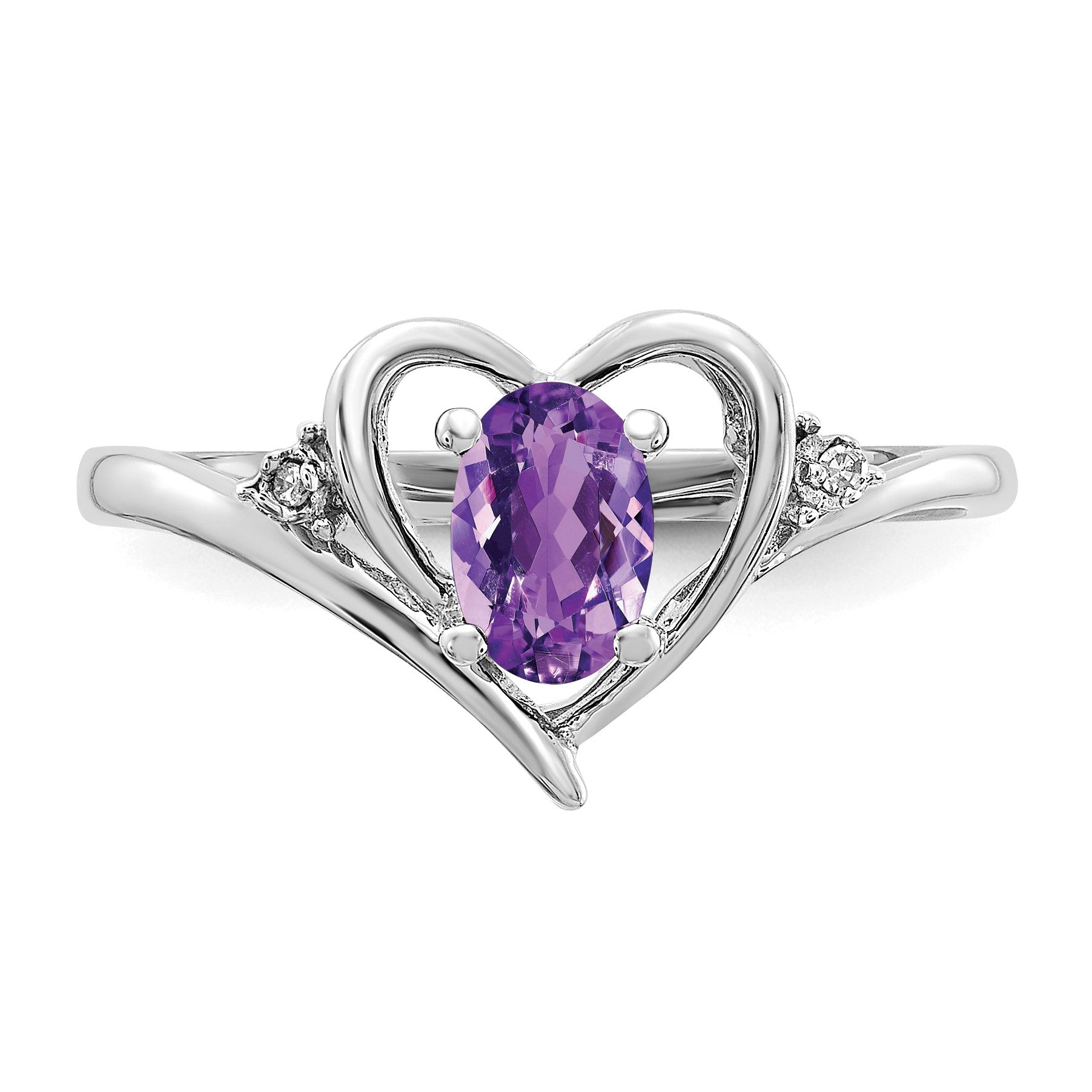 14k White Gold 6x4 Oval February/Amethyst and Diamond Heart Ring