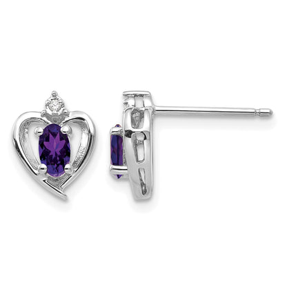 14k White Gold 5x3 Oval February/Amethyst and Diamond Heart Earrings