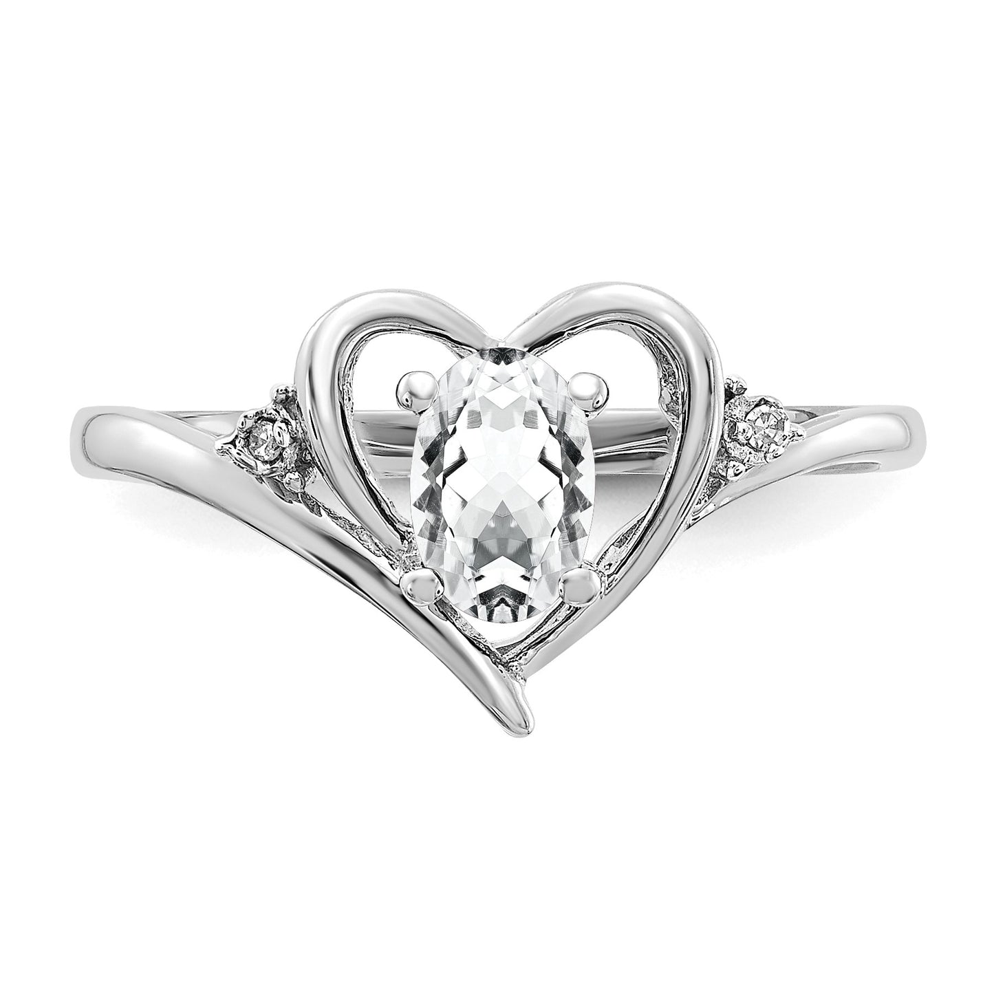 14k White Gold 6x4 Oval April/White Topaz and Diamond Heart Ring