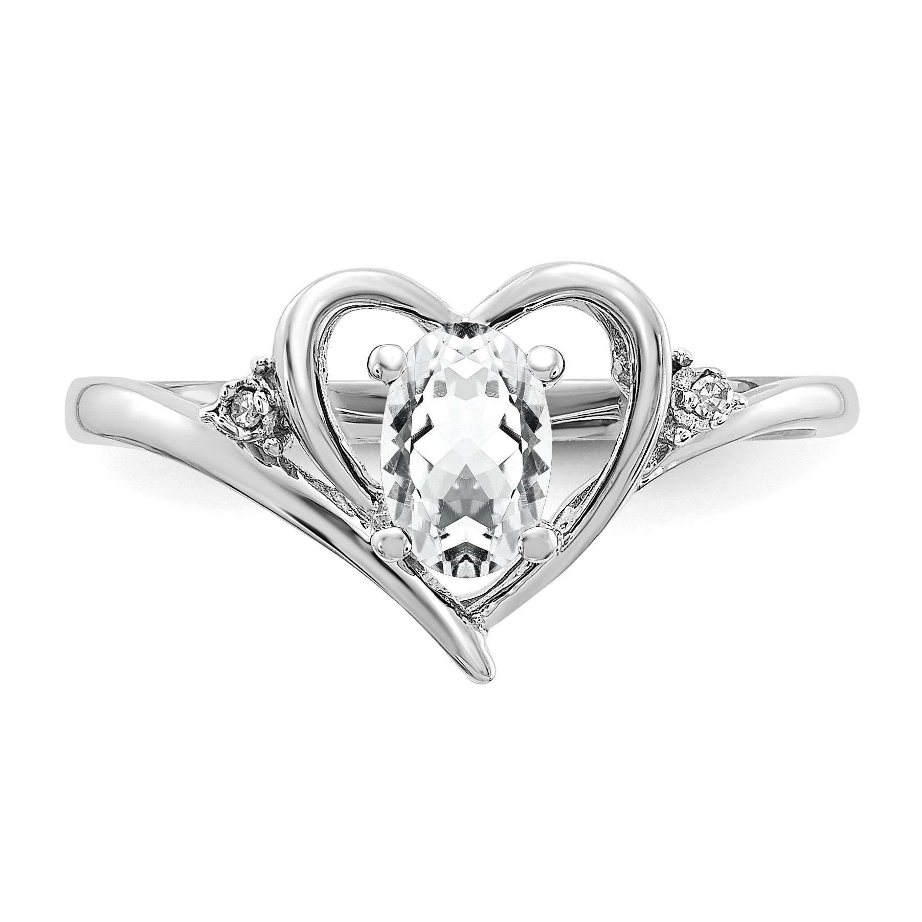 14k White Gold 6x4 Oval April/White Topaz and Diamond Heart Ring