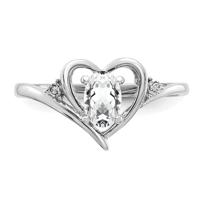 14k White Gold 6x4 Oval April/White Topaz and Diamond Heart Ring