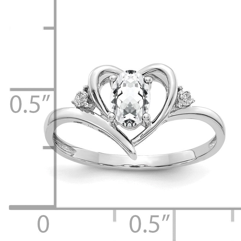 14k White Gold 6x4 Oval April/White Topaz and Diamond Heart Ring