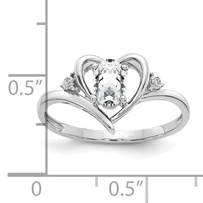 14k White Gold 6x4 Oval April/White Topaz and Diamond Heart Ring