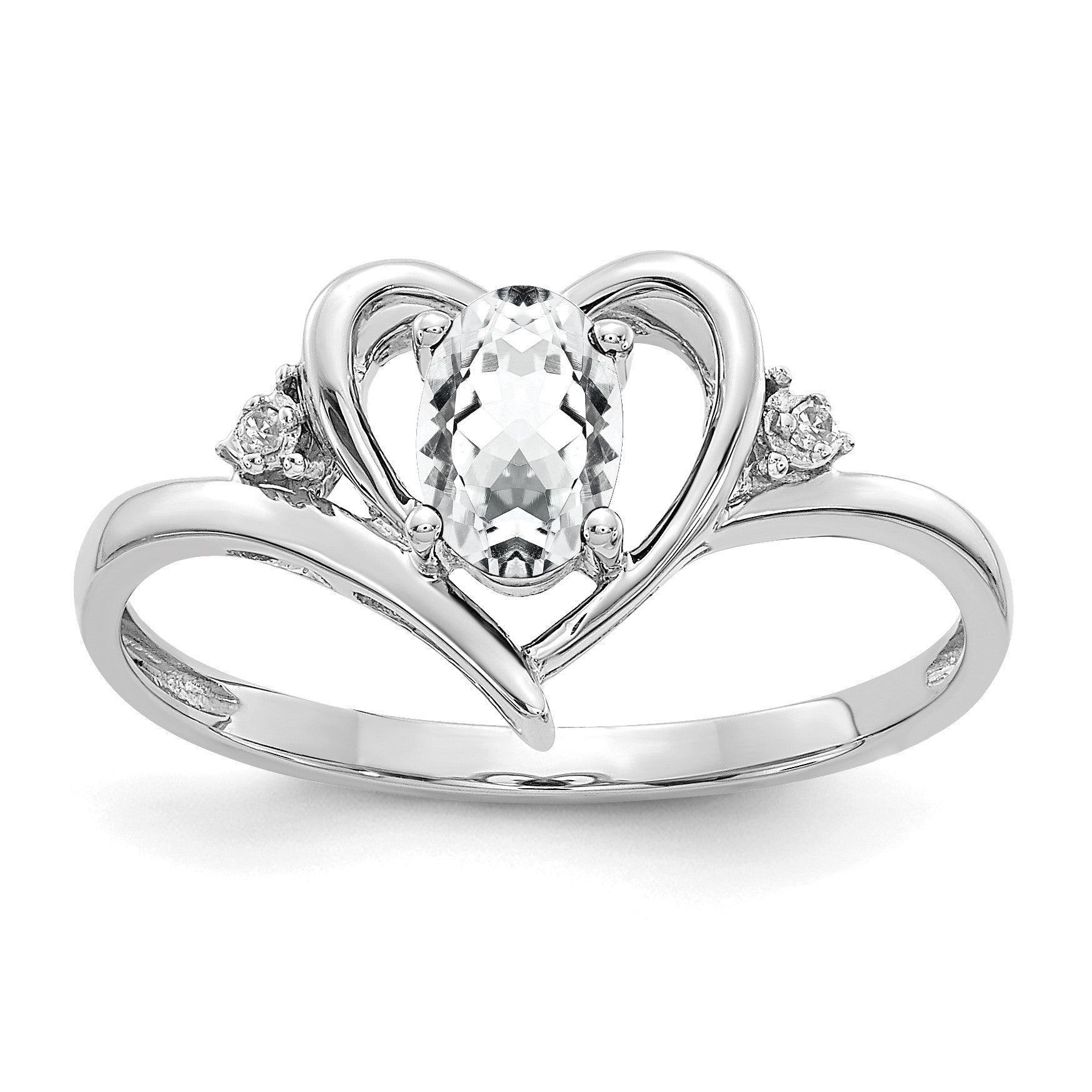 14k White Gold 6x4 Oval April/White Topaz and Diamond Heart Ring