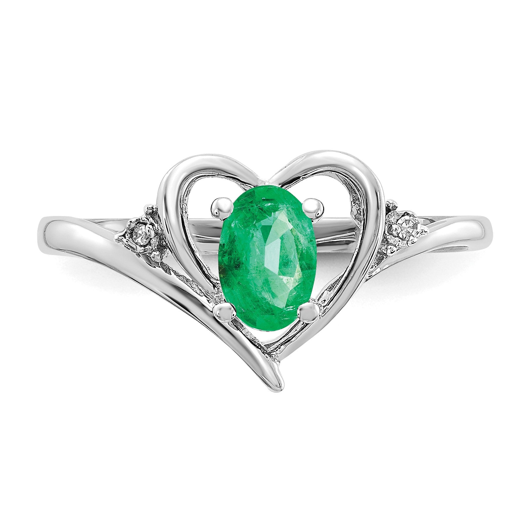 14k White Gold 6x4 Oval May/Emerald and Diamond Heart Ring
