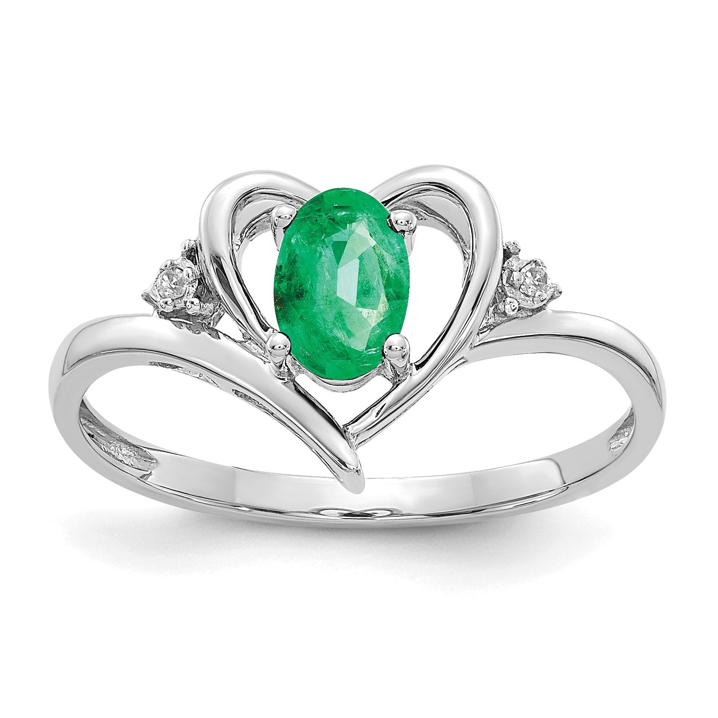 14k White Gold 6x4 Oval May/Emerald and Diamond Heart Ring