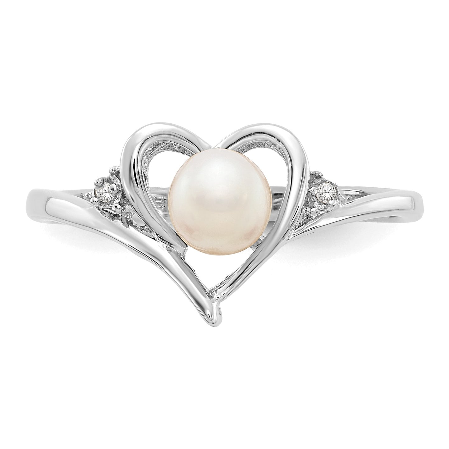 14k White Gold 5.5mm June/Freshwater Cultured Pearl and Diamond Heart Ring