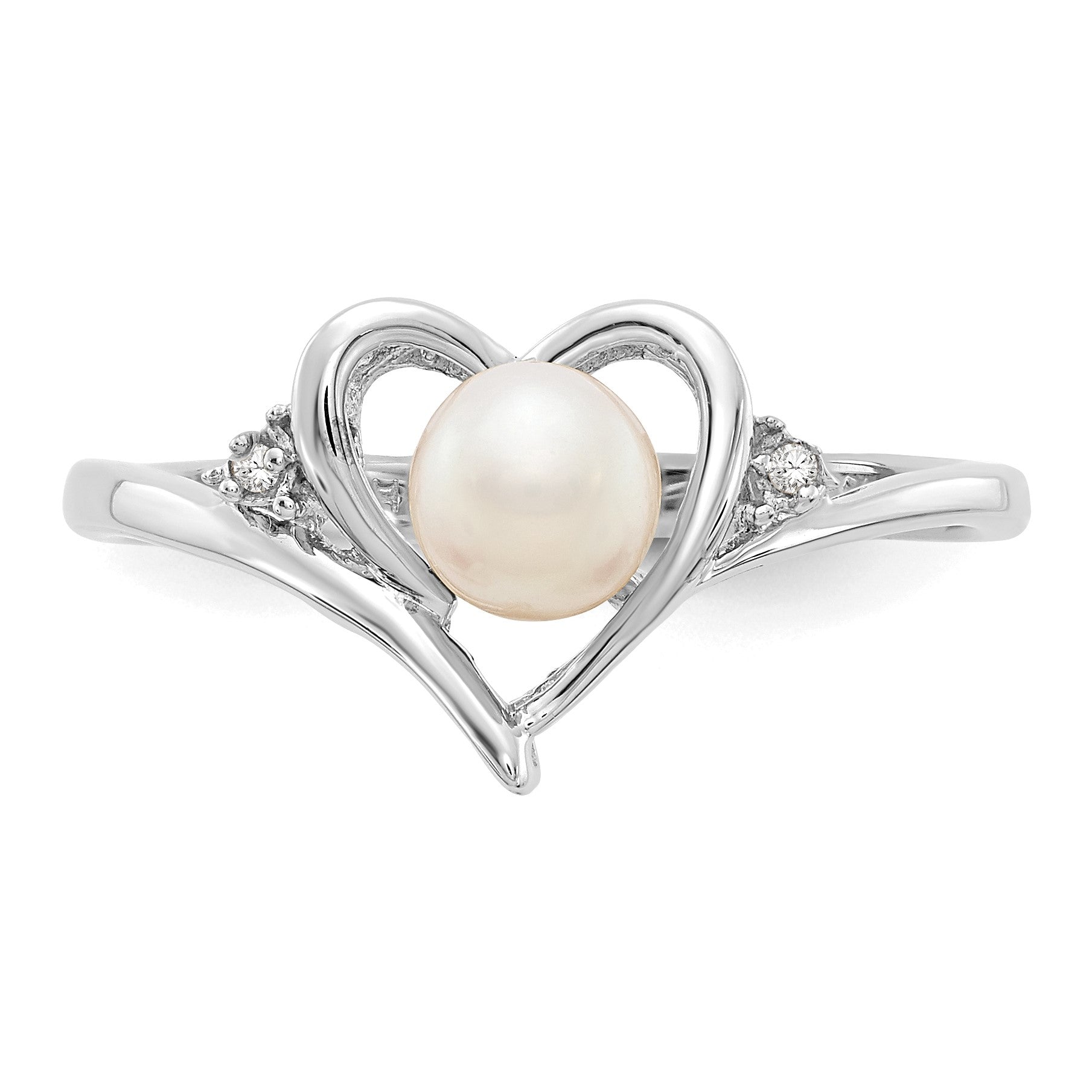 14k White Gold 5.5mm June/Freshwater Cultured Pearl and Diamond Heart Ring