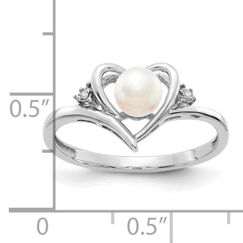 14k White Gold 5.5mm June/Freshwater Cultured Pearl and Diamond Heart Ring