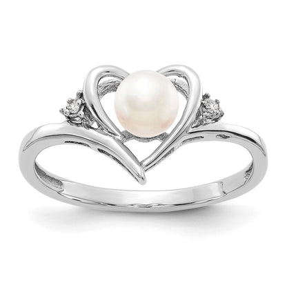 14k White Gold 5.5mm June/Freshwater Cultured Pearl and Diamond Heart Ring