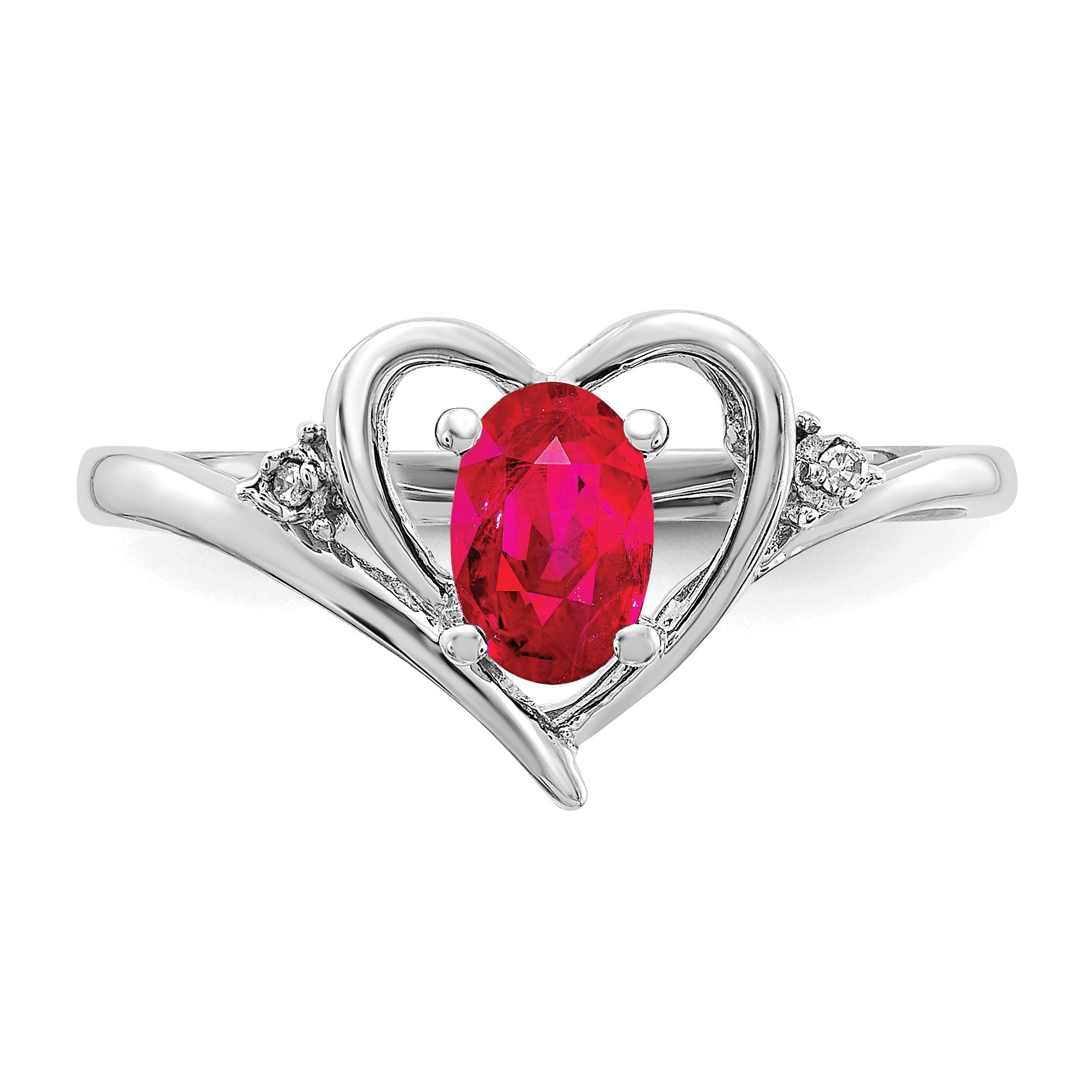 14k White Gold 6x4 Oval July/Ruby and Diamond Heart Ring