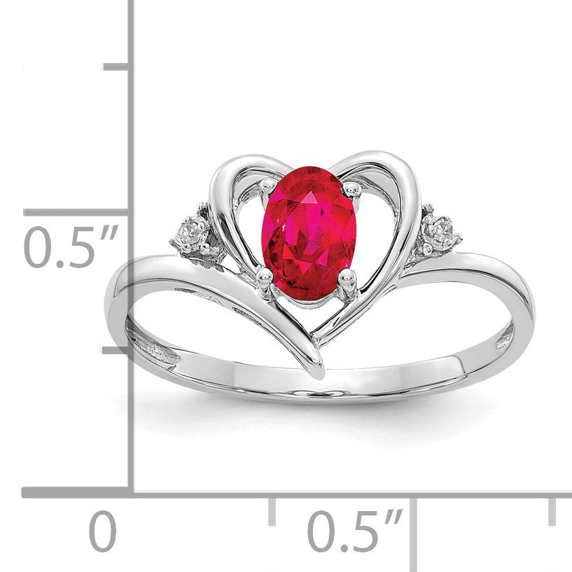 14k White Gold 6x4 Oval July/Ruby and Diamond Heart Ring
