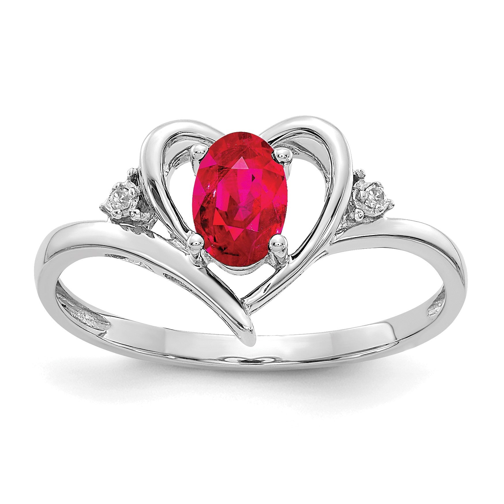 14k White Gold 6x4 Oval July/Ruby and Diamond Heart Ring
