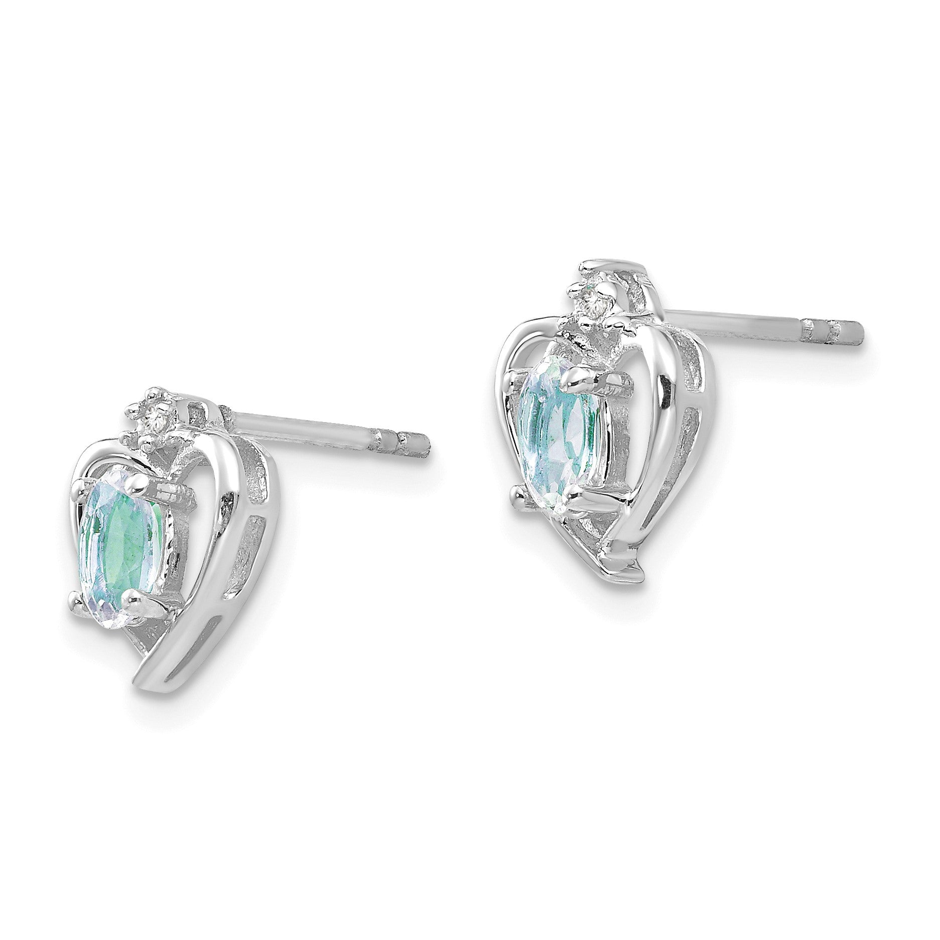 14k White Gold 5x3 Oval March/Aquamarine and Diamond Heart Earrings