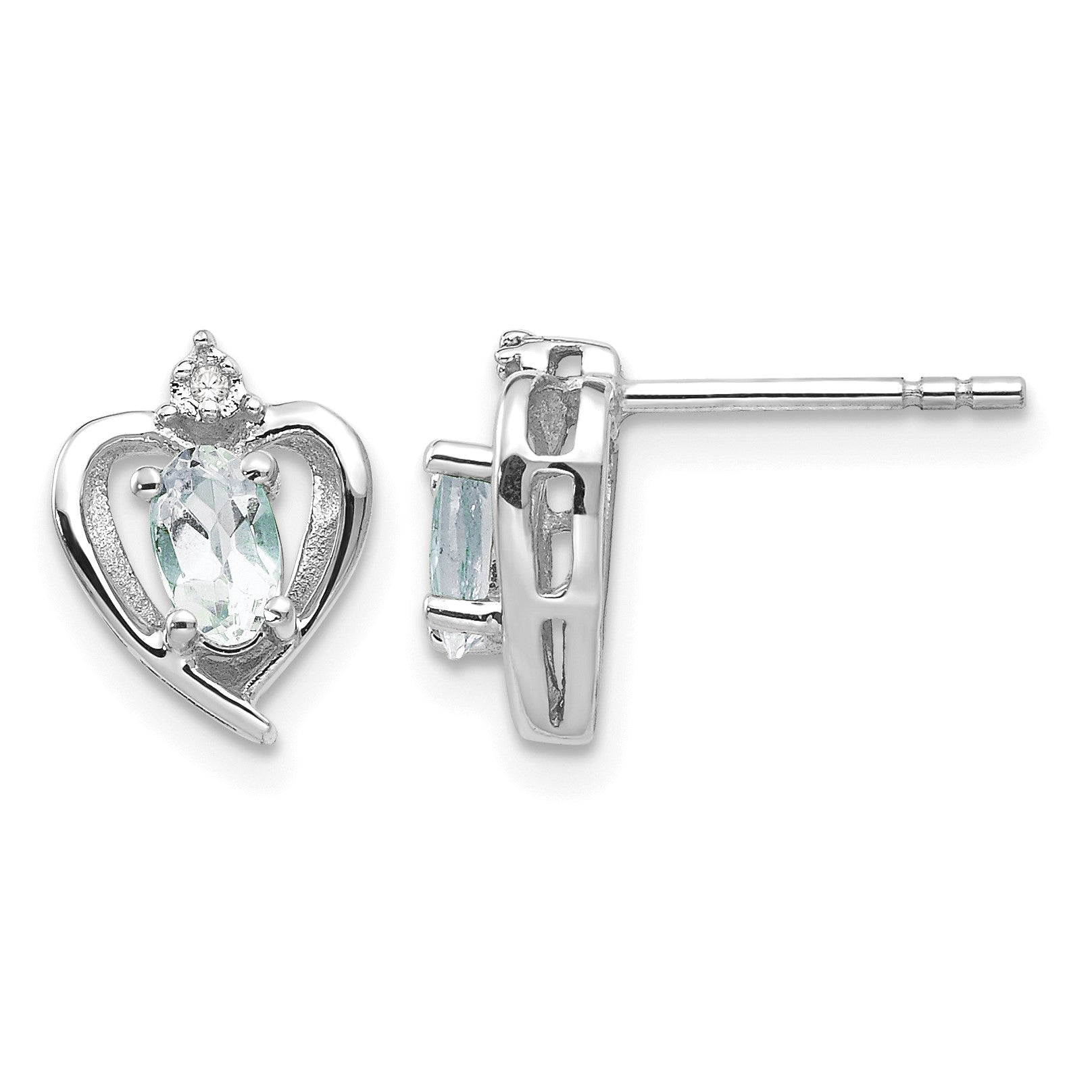 14k White Gold 5x3 Oval March/Aquamarine and Diamond Heart Earrings