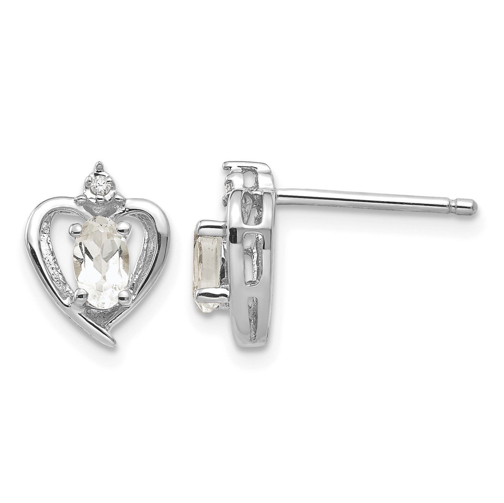 14k White Gold 5x3 Oval April/White Topaz and Diamond Heart Earrings