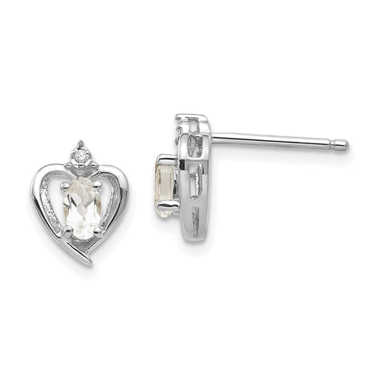 14k White Gold 5x3 Oval April/White Topaz and Diamond Heart Earrings