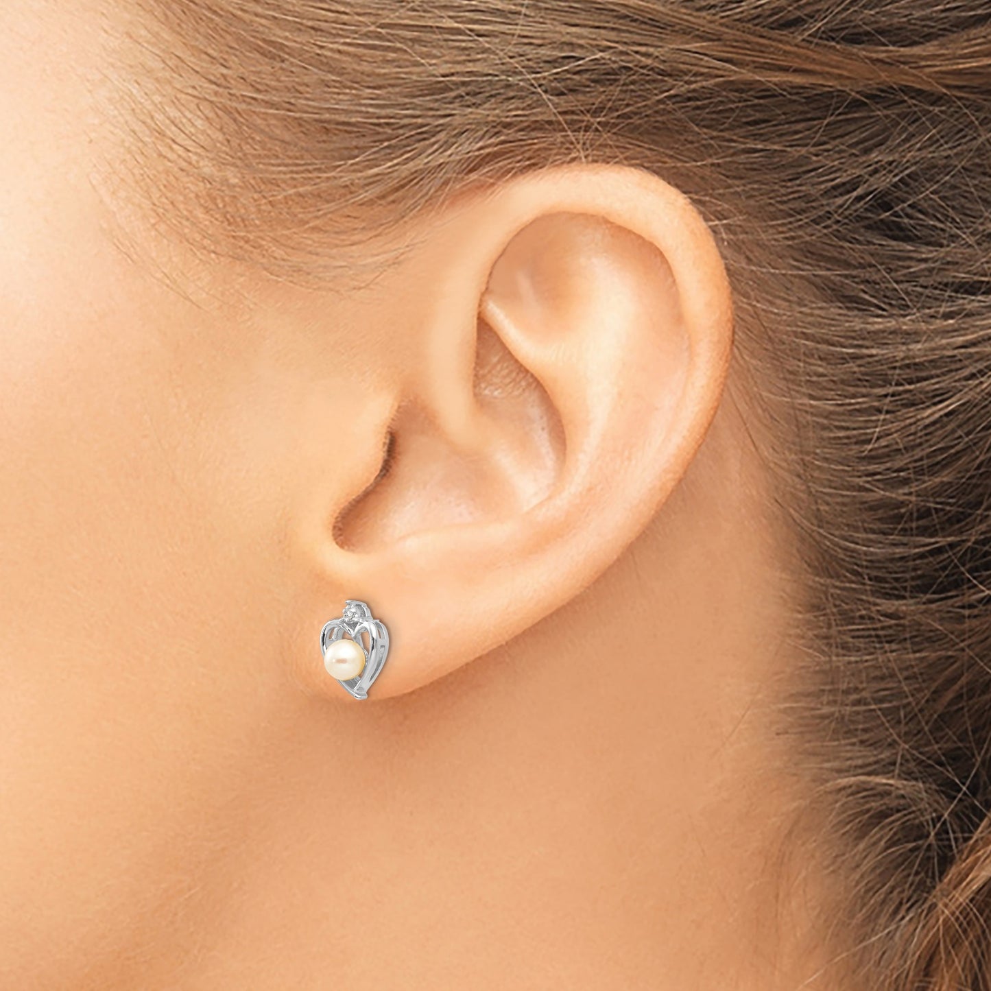 14k White Gold 4.5mm June/Freshwater Cultured Pearl and Diamond Heart Earrings