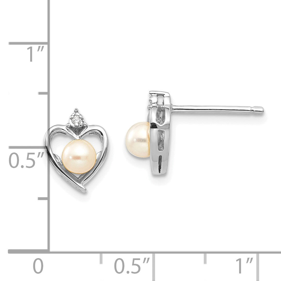 14k White Gold 4.5mm June/Freshwater Cultured Pearl and Diamond Heart Earrings