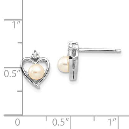 14k White Gold 4.5mm June/Freshwater Cultured Pearl and Diamond Heart Earrings