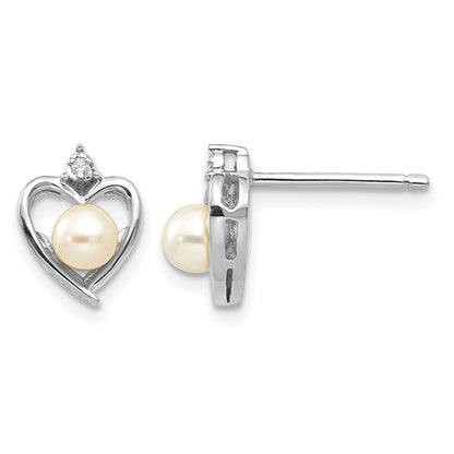 14k White Gold 4.5mm June/Freshwater Cultured Pearl and Diamond Heart Earrings