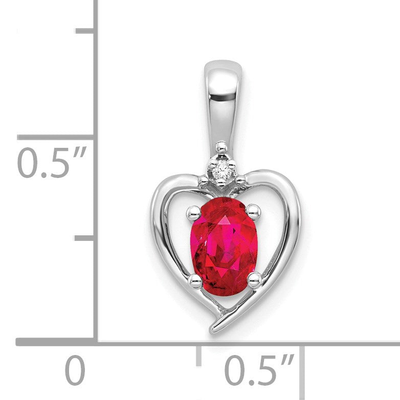 14k White Gold 6x4 Oval July/Ruby and Diamond Heart Pendant