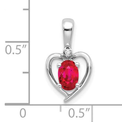 14k White Gold 6x4 Oval July/Ruby and Diamond Heart Pendant