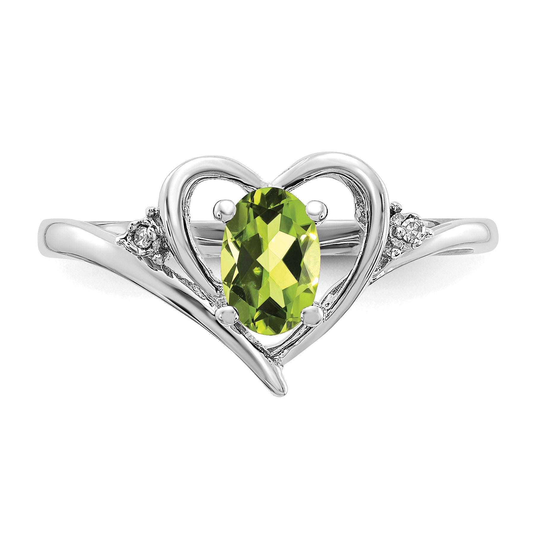 14k White Gold 6x4 Oval August/Peridot and Diamond Heart Ring