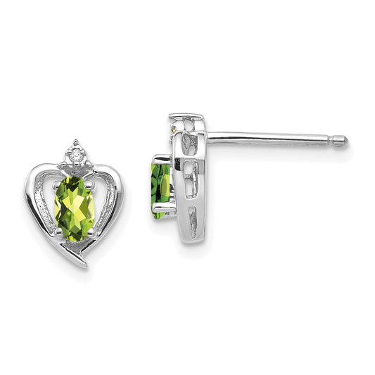 14k White Gold 5x3 Oval August/Peridot and Diamond Heart Earrings