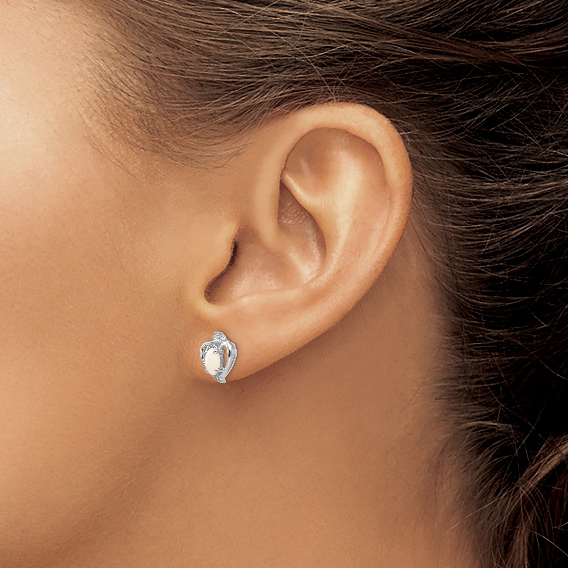 14k White Gold 5x3 Oval October/Opal and Diamond Heart Earrings