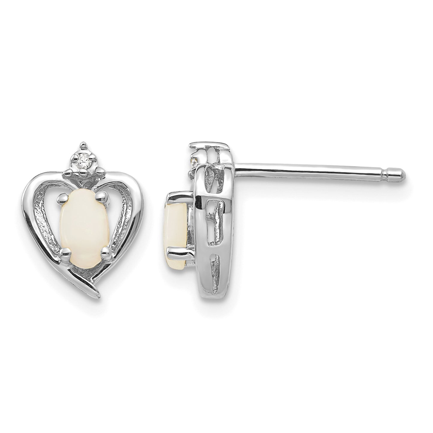 14k White Gold 5x3 Oval October/Opal and Diamond Heart Earrings