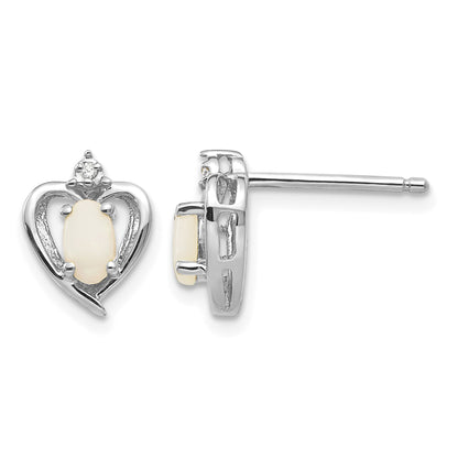 14k White Gold 5x3 Oval October/Opal and Diamond Heart Earrings
