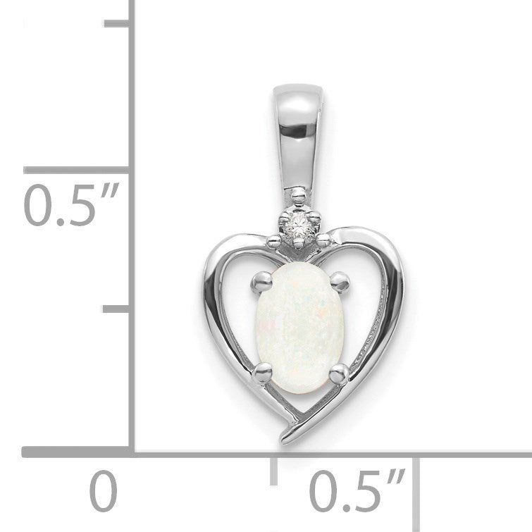 14k White Gold 6x4 Oval October/Opal and Diamond Heart Pendant