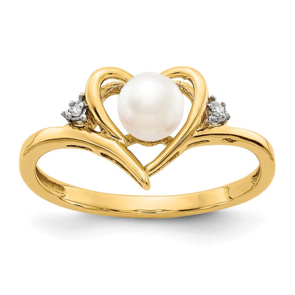 14k 5.5mm June/Freshwater Cultured Pearl and Diamond Heart Ring