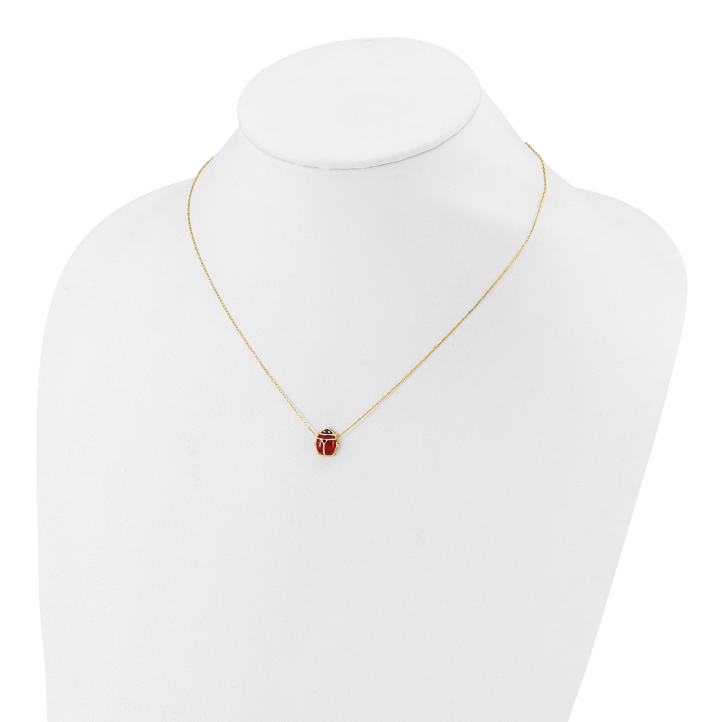 14K Polished Red and Black Enameled Ladybug 17 inch Necklace Plus 1 inch Extender
