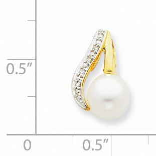 14k and Rhodium 7-8mm Button White Freshwater Cultured Pearl and Diamond Pendant