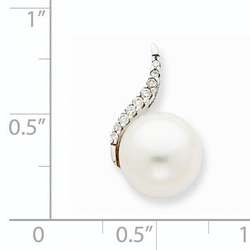 14k White Gold 9-10mm White Button Freshwater Cultured Pearl and Diamond Chain Slide