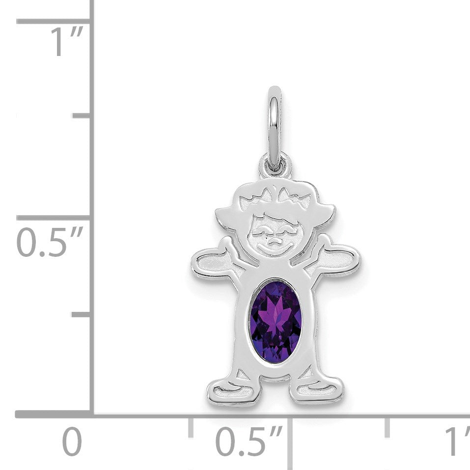 14K White Gold Girl Charm 6x4 Oval Genuine Amethyst-February