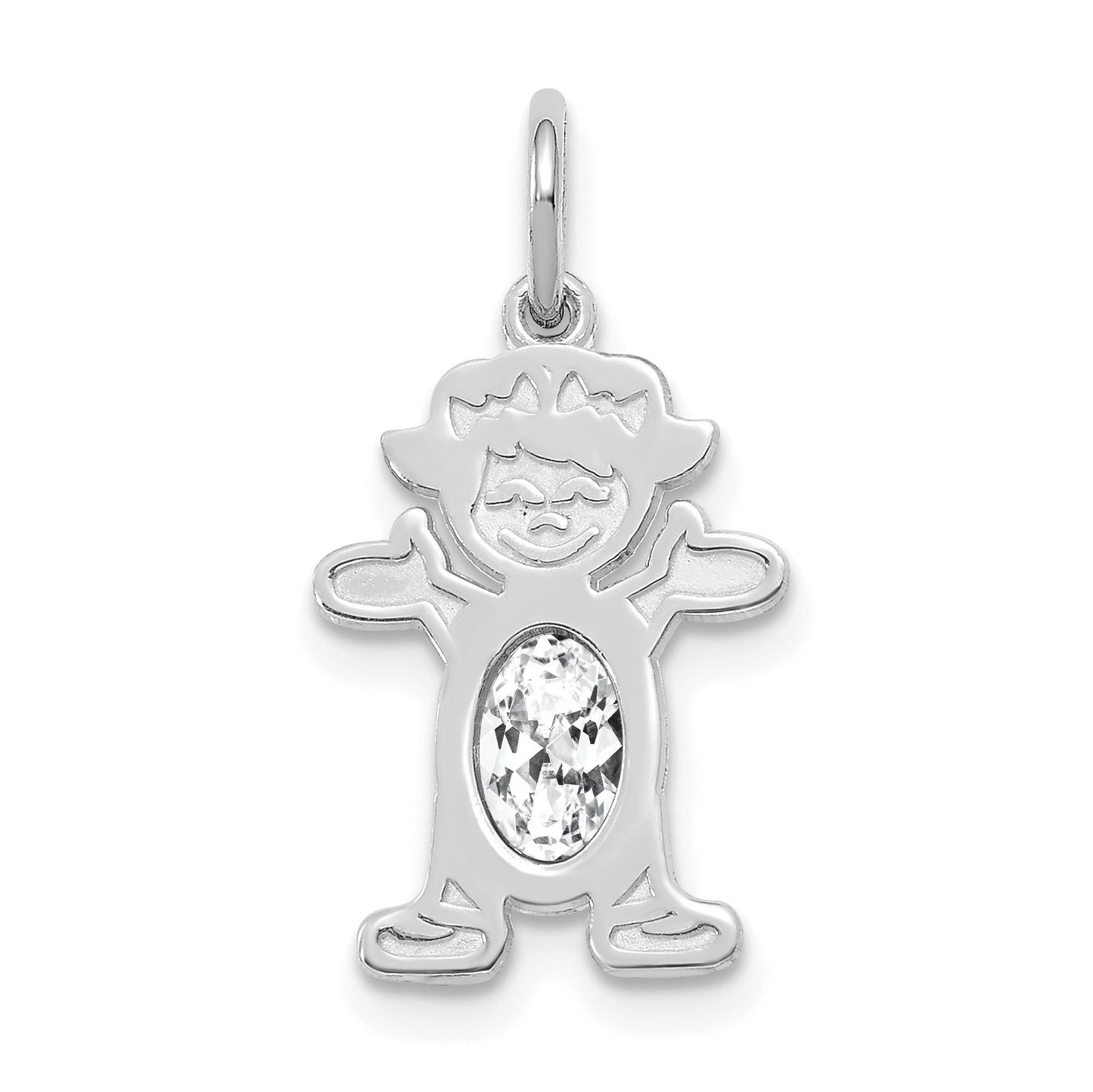 14K White Gold Girl Charm 6x4 Oval Genuine White Topaz-April
