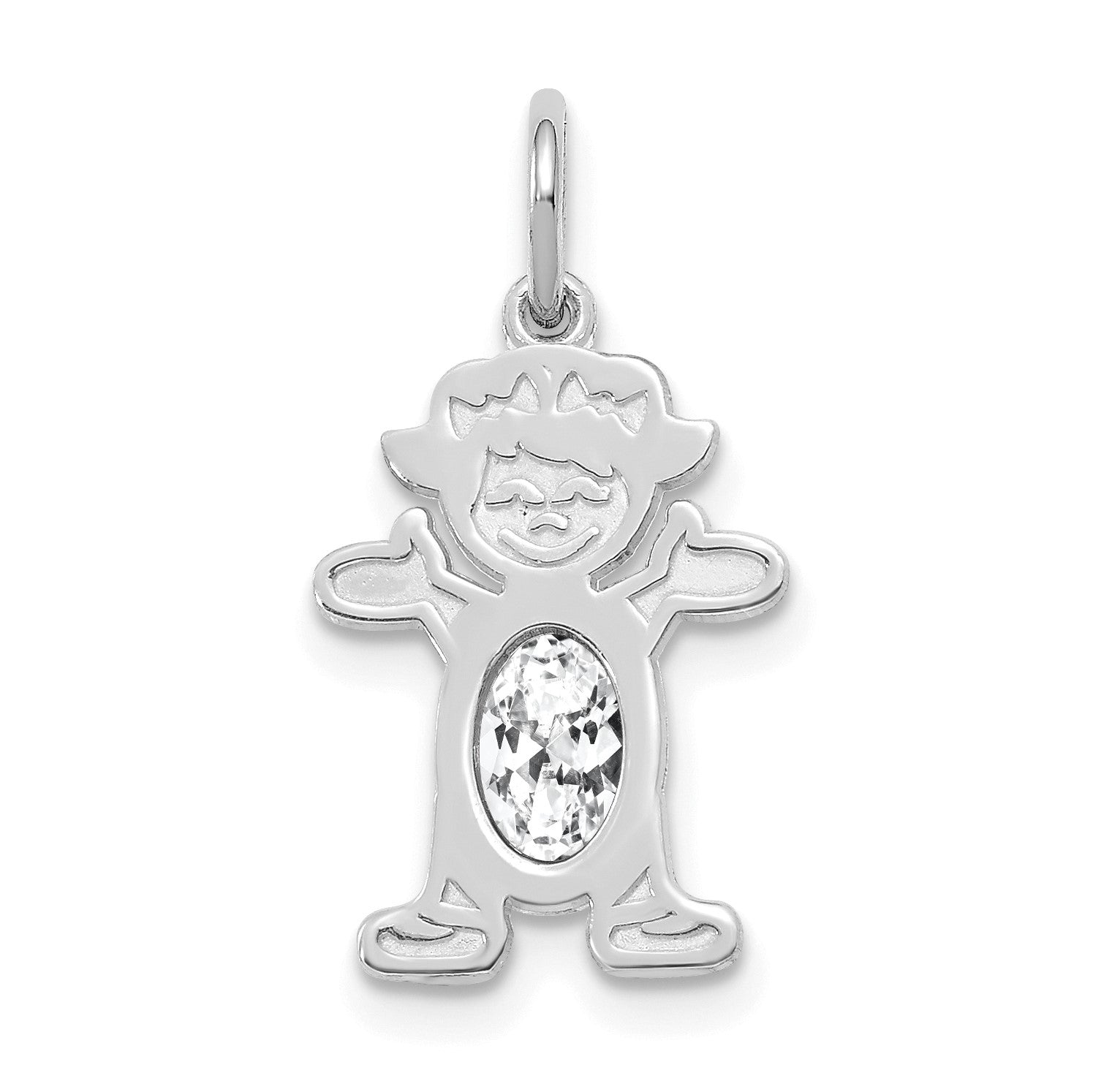 14K White Gold Girl Charm 6x4 Oval Genuine White Topaz-April