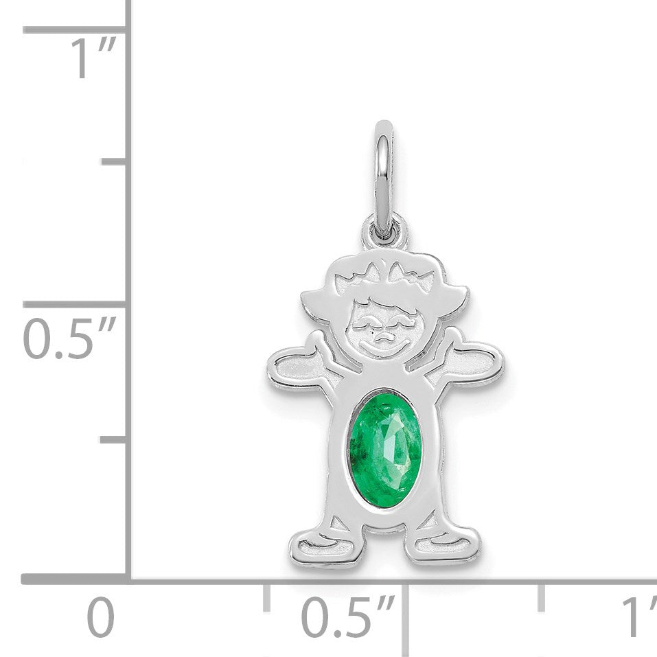 14K White Gold Girl Charm 6x4 Oval Genuine Emerald-May