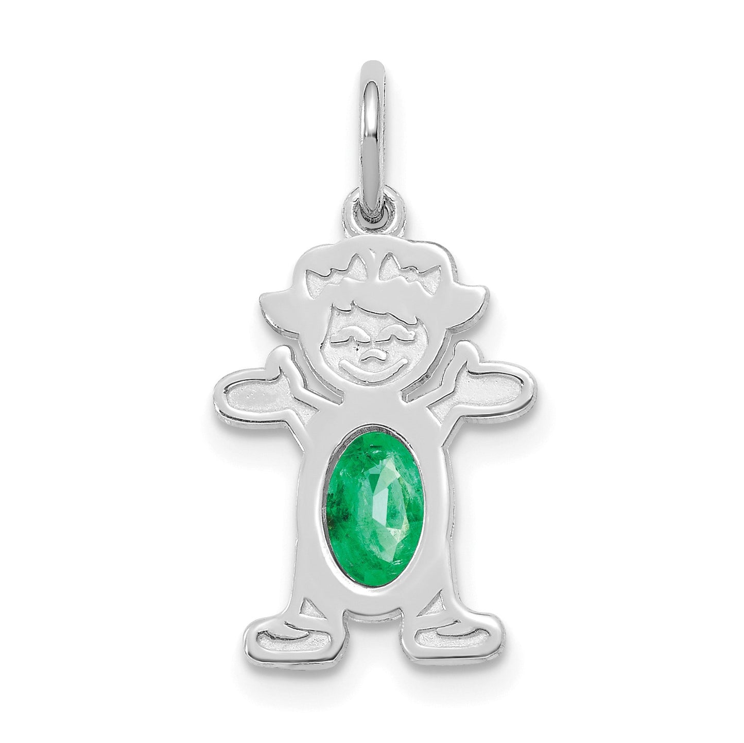 14K White Gold Girl Charm 6x4 Oval Genuine Emerald-May