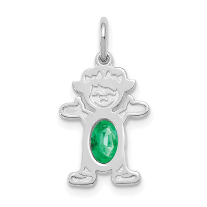 14K White Gold Girl Charm 6x4 Oval Genuine Emerald-May