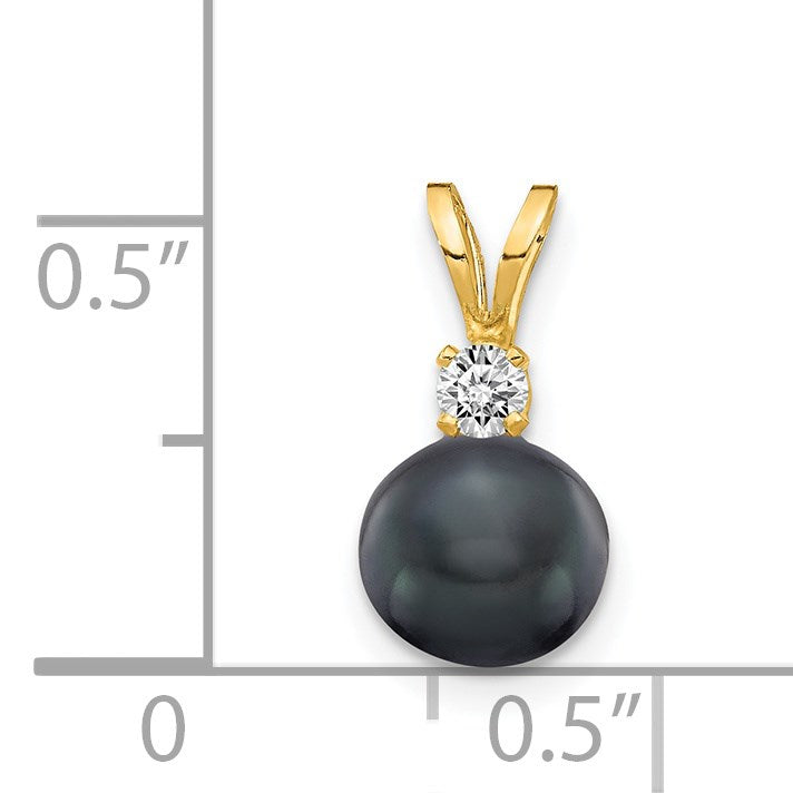 14k 6-7mm Black Round Freshwater Cultured Pearl and AA Diamond Pendant
