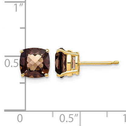 14k 7mm Cushion Smoky Quartz Checkerboard Post Earrings
